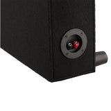 Black speaker enclosure with a ported design on a white background