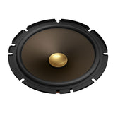 Speaker driver with black frame and gold center on a white background