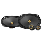Pair of car speakers with gold driver units on a white background