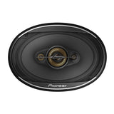 Front view of pioneer speaker with grill on white background