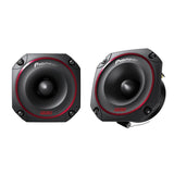 Two Pioneer car speakers on a white background