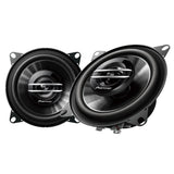 Pair of Pioneer car speakers on white background