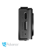 Black electronic device with ports on a white background, featuring the 'Hie Advance' brand.