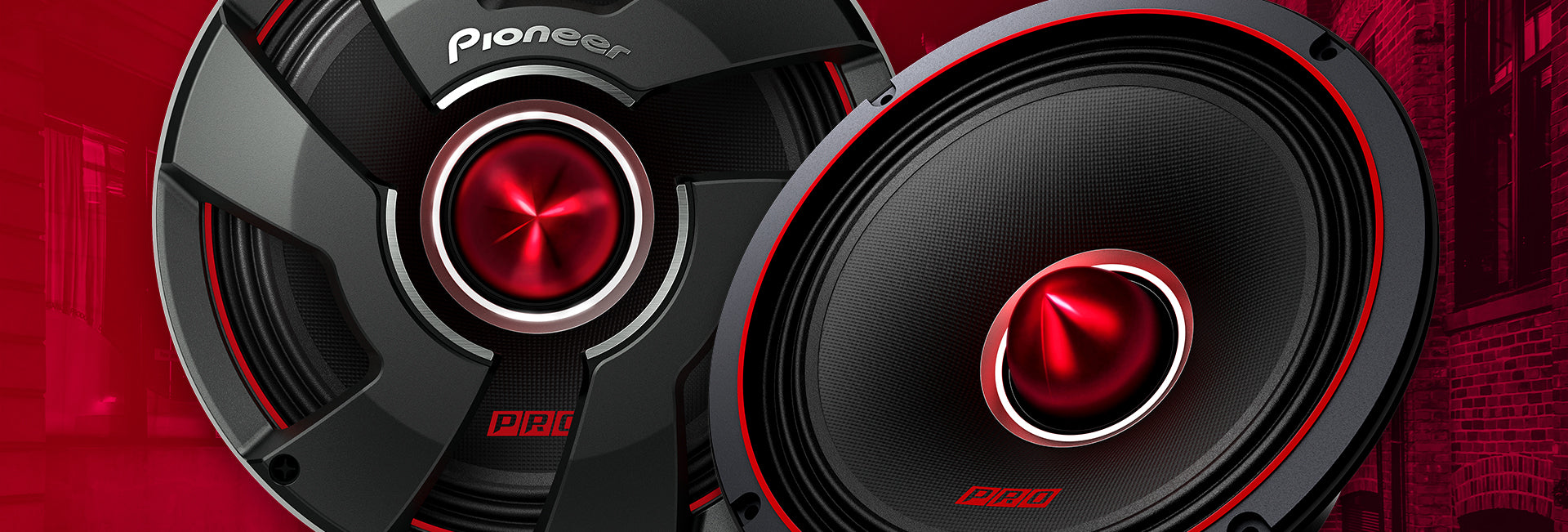 Pro Series Subwoofer and Speaker on red city background