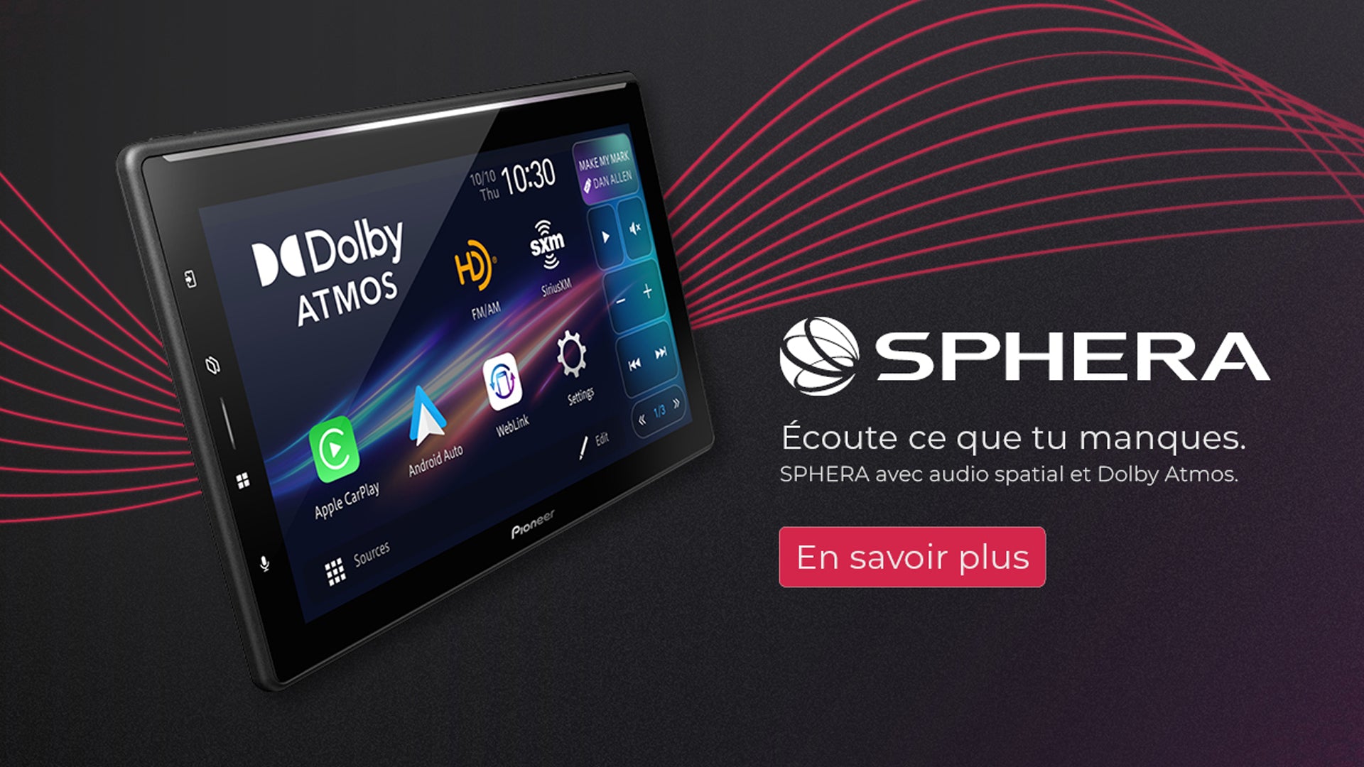 Sphera car multimedia system with Dolby Atmos branding on a dark background