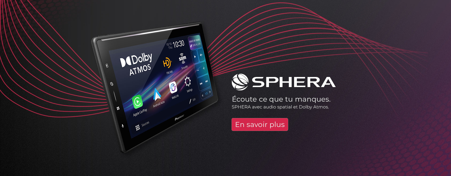 Sphera car multimedia system with Dolby Atmos logo on a dark background