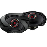 Two black Pioneer car speakers with red accents on the tweeters, shown on a plain white background.