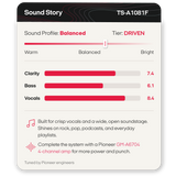 A product specification graphic for a Pioneer TS-A1081F sound system profile. The card has a black header and white body with red and gray text and bar charts showing 'Sound Profile: Balanced' and quality scores for Clarity, Bass, and Vocals.
