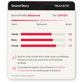 A digital product graphic for a Pioneer TS-A1371F sound profile add-on. The card features a black header and a white background displaying a 'Sound Profile: Balanced' slider and quality scores for Clarity, Bass, and Vocals.
