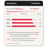 A product information card for a Pioneer sound profile addon, model TS-A653CH. The card shows a 'Sound Profile' slider set to 'Driven' and lists quality scores for Clarity, Bass, and Vocals.