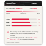 A product information card for the Pioneer TS-X210 Sound Story system. The card shows a balanced sound profile slider, clarity, bass, and vocals scores, and text describing the system's soundstage and compatibility with a Pioneer GM-A Series amp.