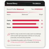 A product information card for the Pioneer TS-Z65C Sound Story system. The card shows a sound profile slider labeled 'IMMERSIVE' and bar graphs for Clarity, Bass, and Vocals.