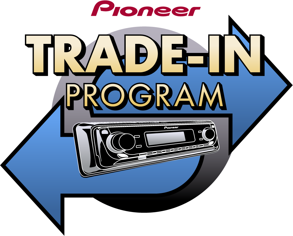 Pioneer trade-in program logo with a car radio illustration on a white background