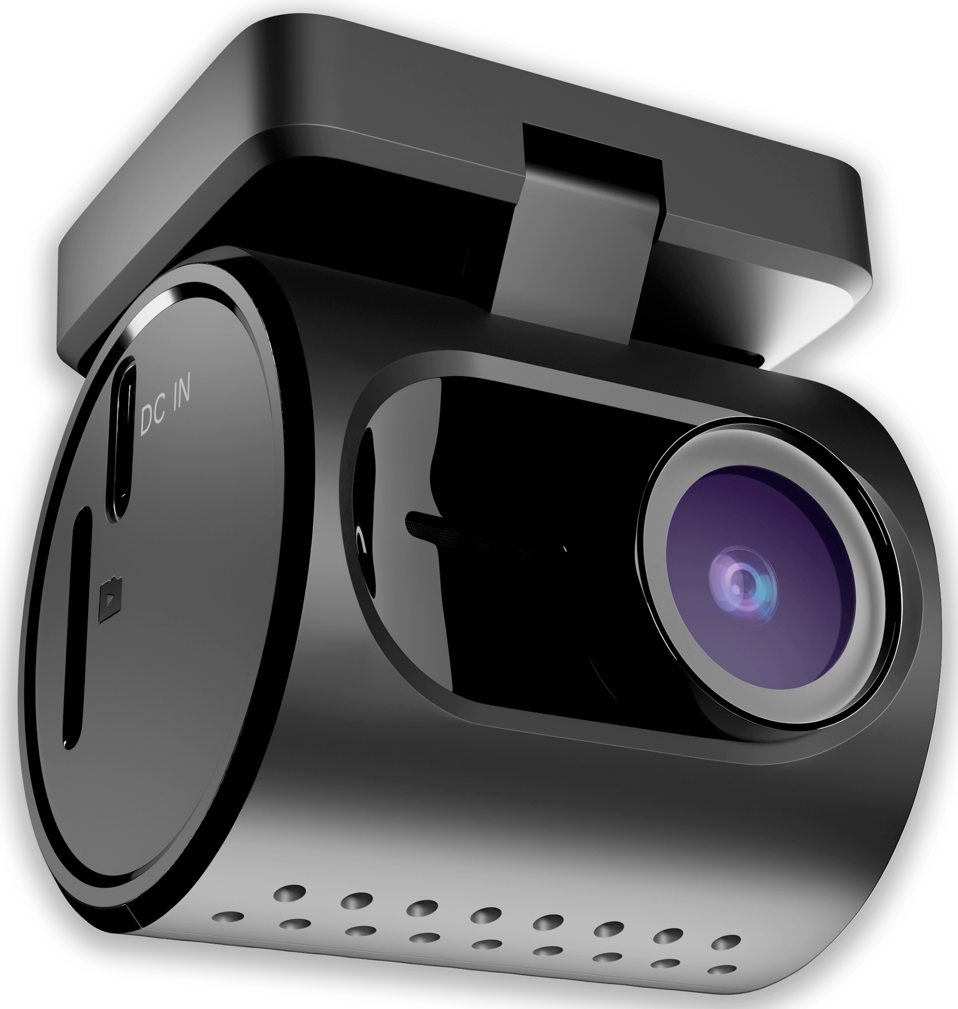 Car dashboard camera with lens and DC IN port on a transparent background