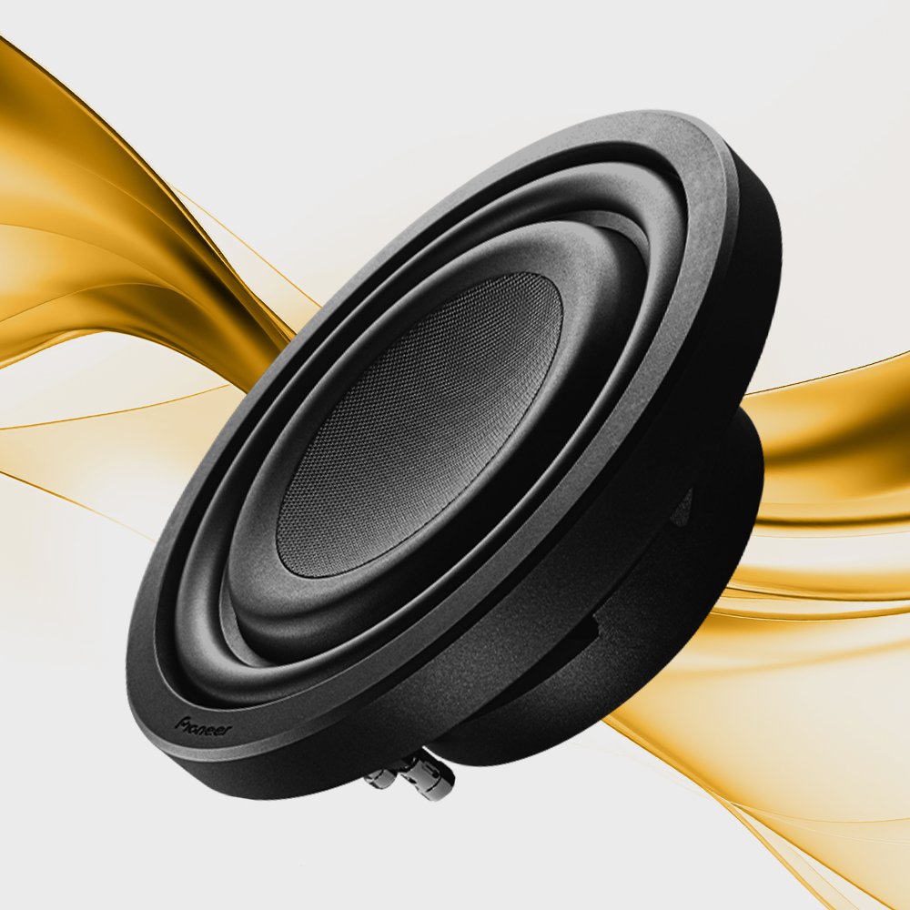 angled subwoofer on gold and white background