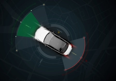 Car safety system diagram with green, red, and gray areas on a dark background