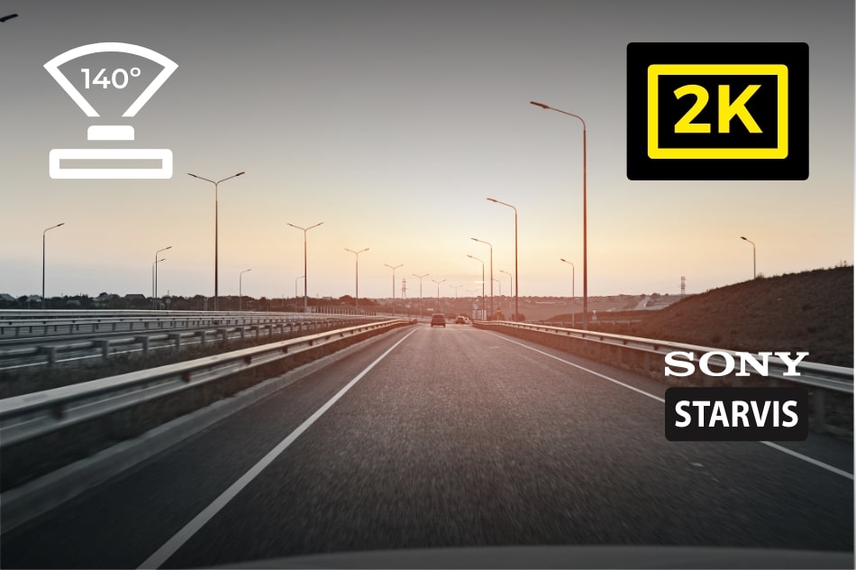 Highway with streetlights and a clear sky, featuring logos for 2K, Sony, and Starvis.