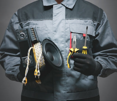 car tech with tools and equipment in hands