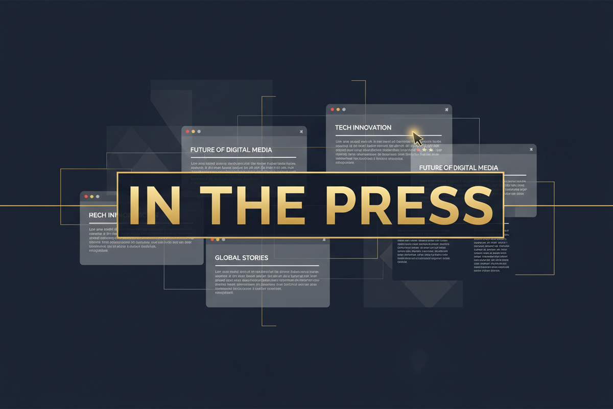 Digital graphic with the words 'IN THE PRESS' in large gold letters inside a black rectangle, surrounded by translucent document panels and thin gold lines on a dark navy background.