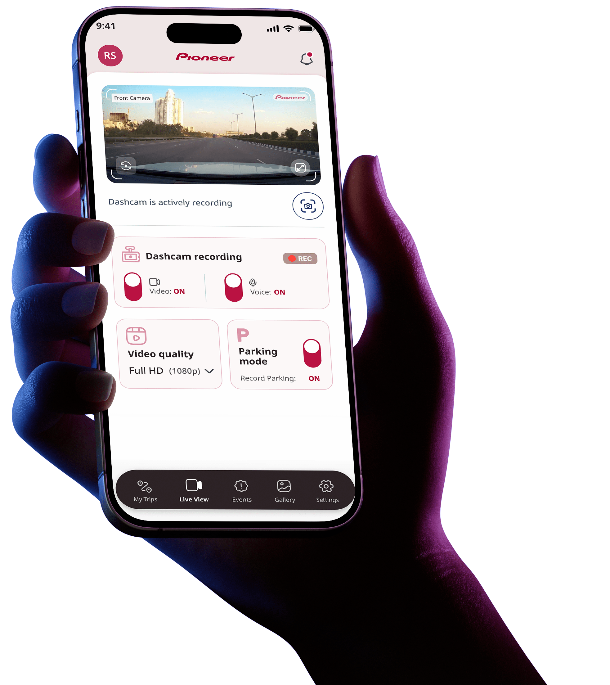 Hand holding a smartphone displaying the Pioneer app with dashboard recording features.