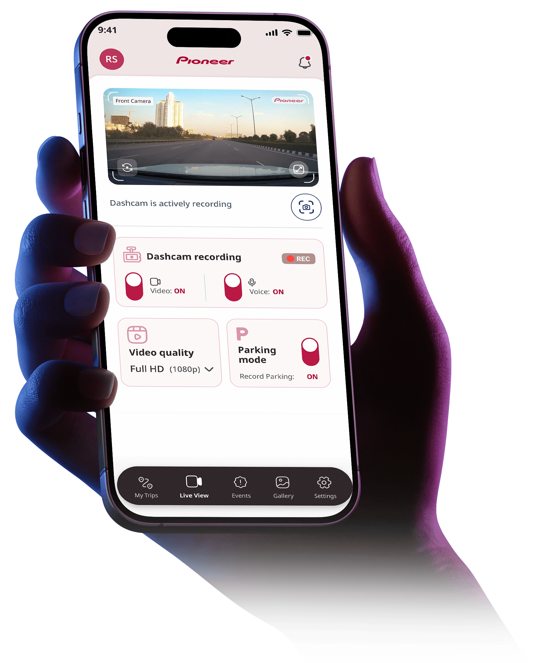 Hand holding a smartphone displaying a Pioneer app interface on a transparent background