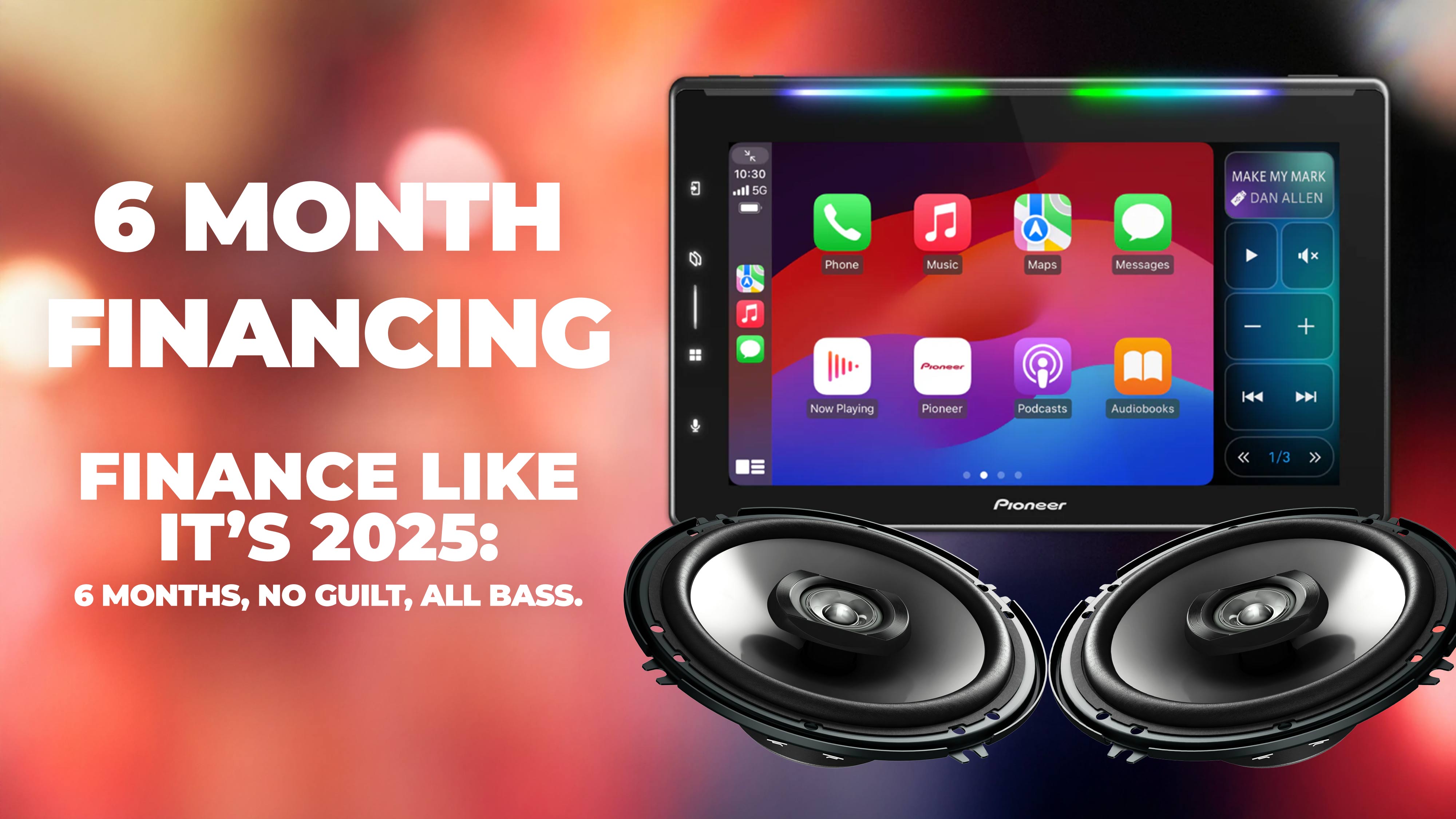 Pioneer car stereo system with touchscreen display and speakers on a colorful background, featuring financing text.