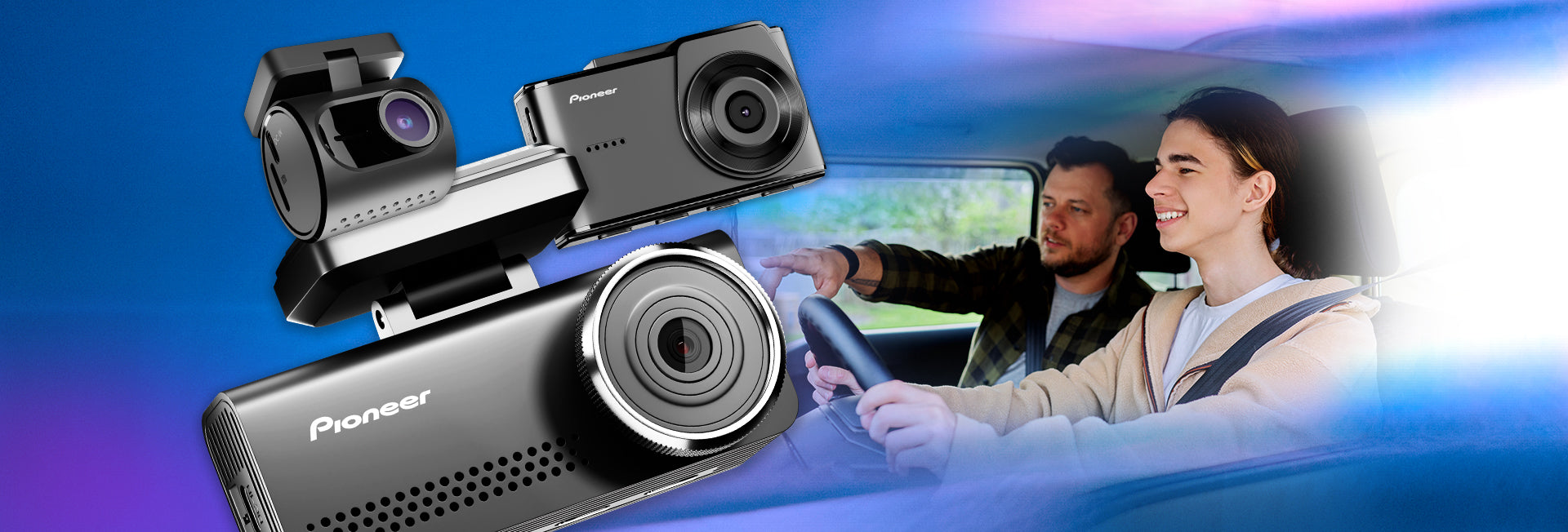 Pioneer car dashboard camera system with a man and woman inside a vehicle.