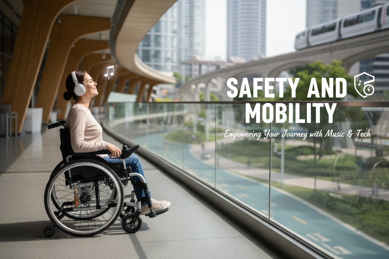 Safety and Mobility blog header. Showcasing someone in a wheel chair that is listening to music