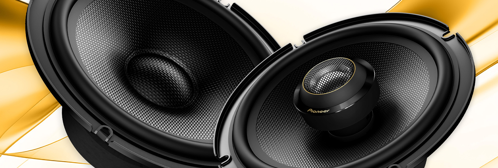 speaker and subwoofer on gold wave background